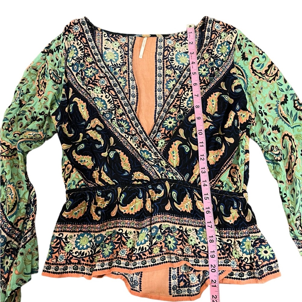 Free People Floral Paisley Wrap Blouse - Green Navy Peach - Picture 10 of 12
